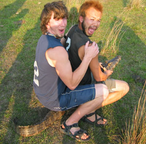 Kevin mounting an alligator in the Brazilian Pantanel
