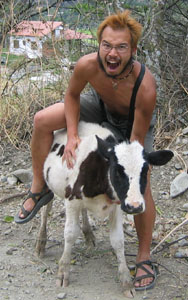 Kevin mounting a cow near Vilcabamba, Ecuador